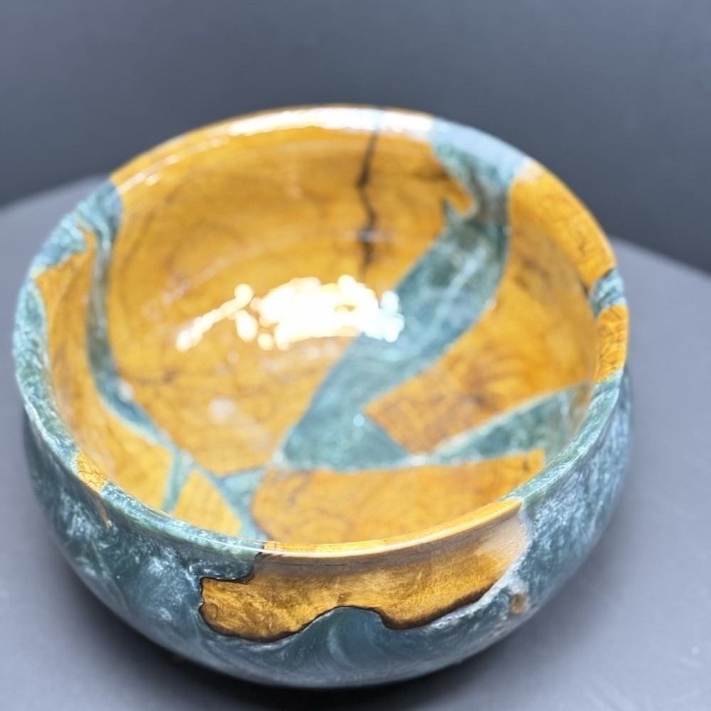 Hand Turned Wood Resin Bowl Teal Burl Signed Artisan Rustic Modern 8 Inch